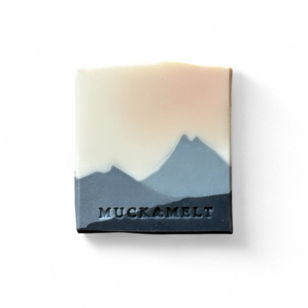 Handmade soap bar inspired by Welsh valley landscapes with grey mountain design