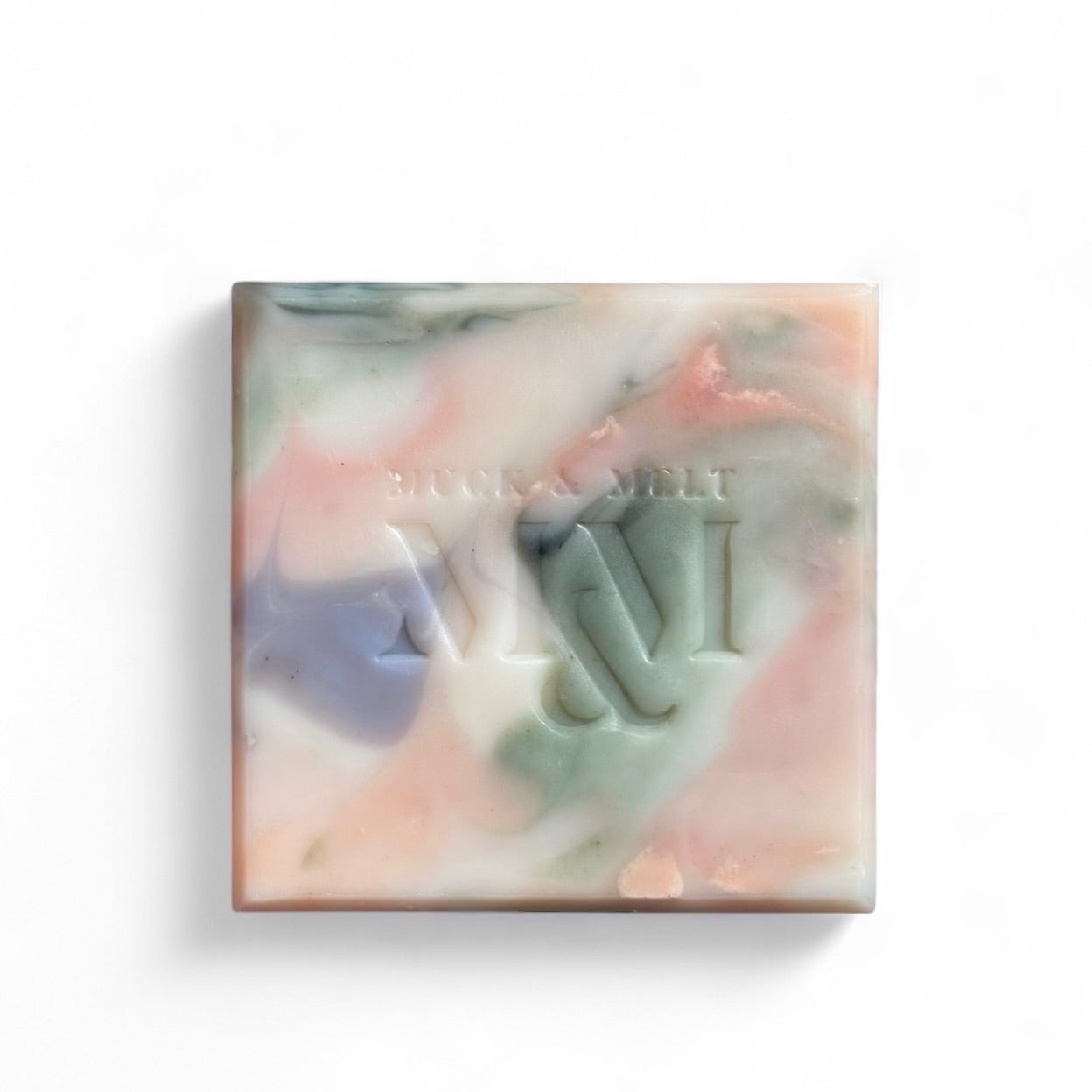 Artisan soap bar with floral-inspired swirls in natural pink, green, lilac and white hues