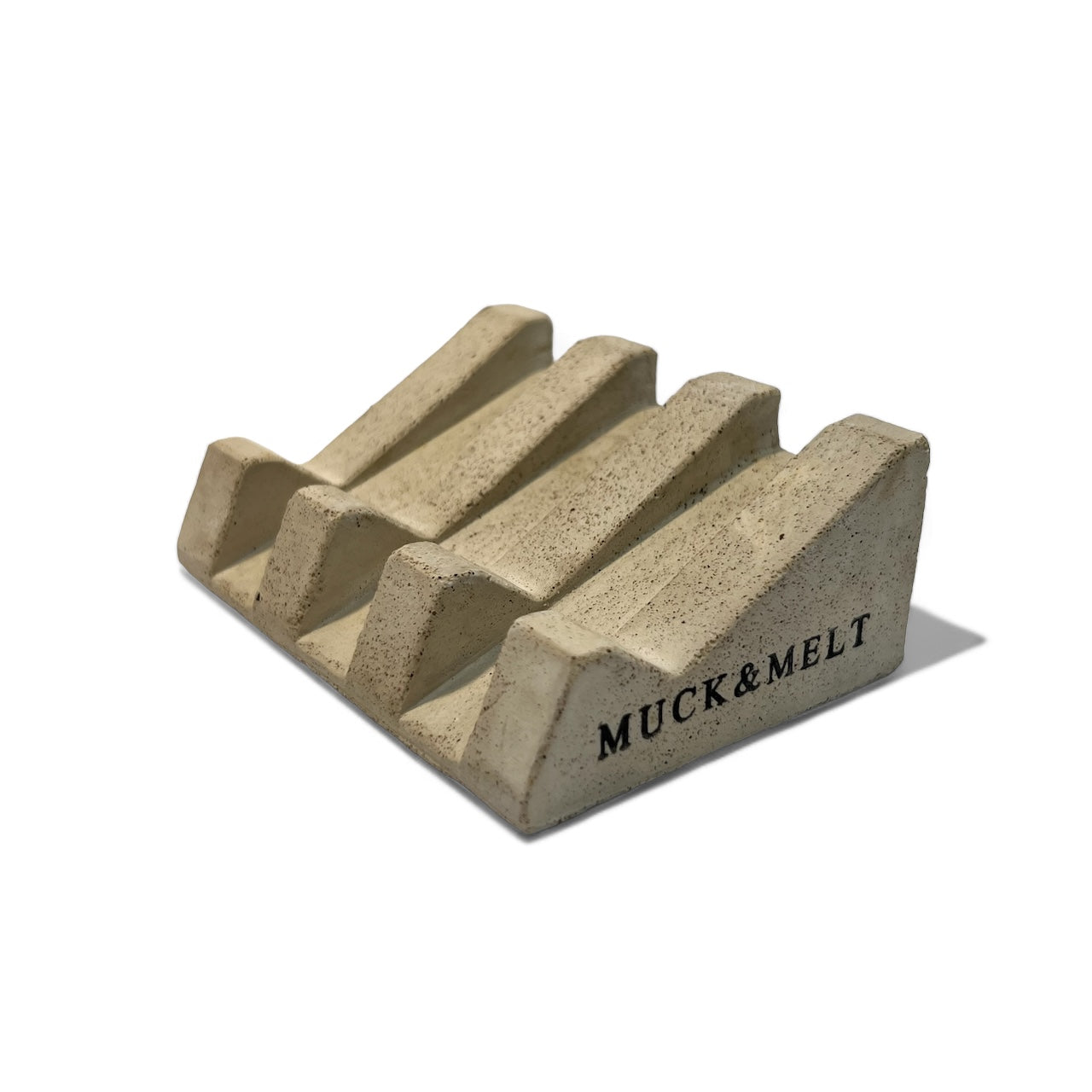 side view Handmade soap dish with sandy textures and natural stone-inspired finish