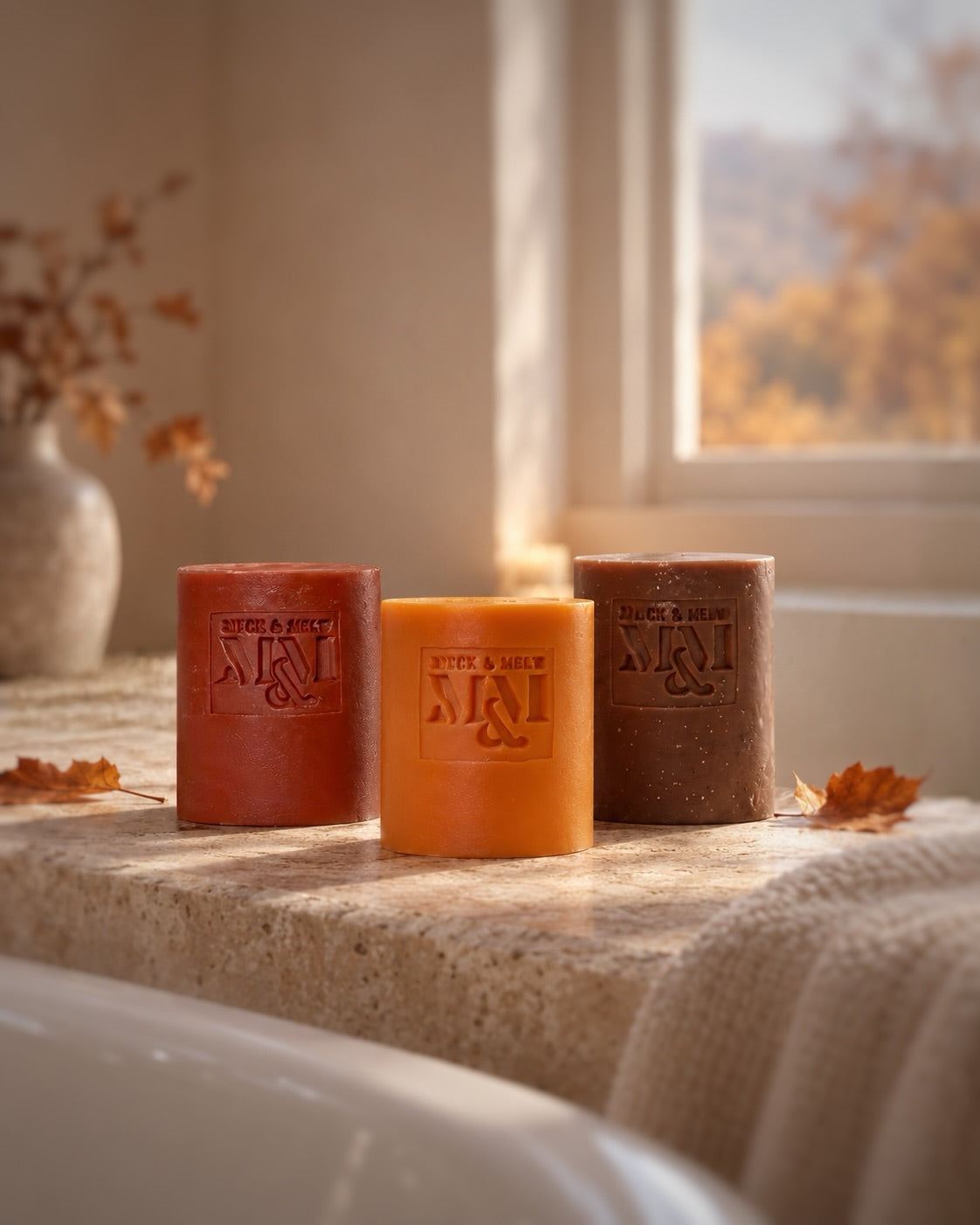 Three cylinder soaps in terracotta red, orange, and chocolate brown are arranged on a stone ledge by a window, with dried leaves and a neutral textile nearby. The center soap is orange and features an embossed logo that reads 'muck and melt' with 'M' and 'M logo