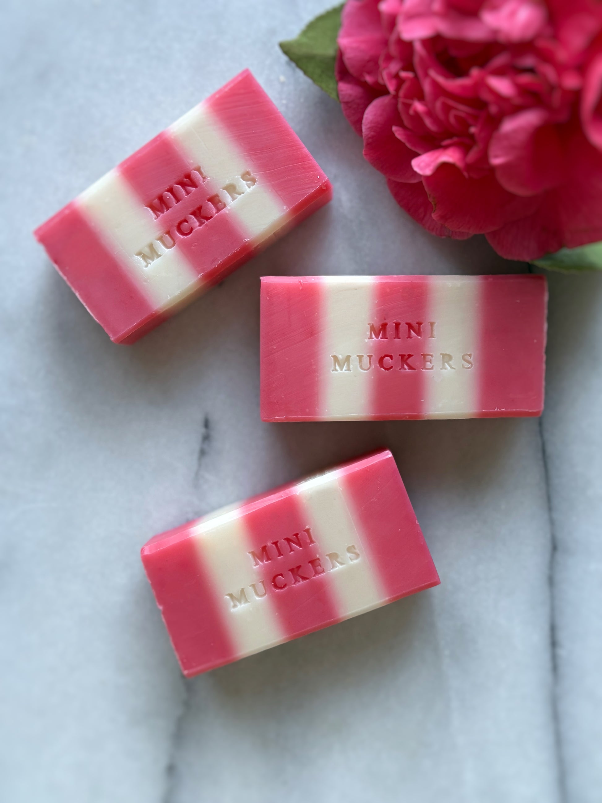 3 small 60g bars of pink and white stripy soaps.