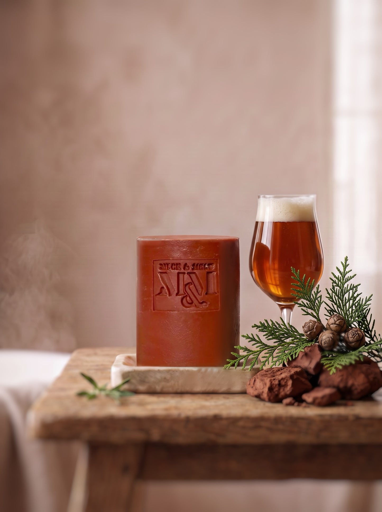 An earthy red soap with an embossed logo sits on a rustic wooden table beside a glass of amber beer, cedar branches, and red clay against a soft beige background.