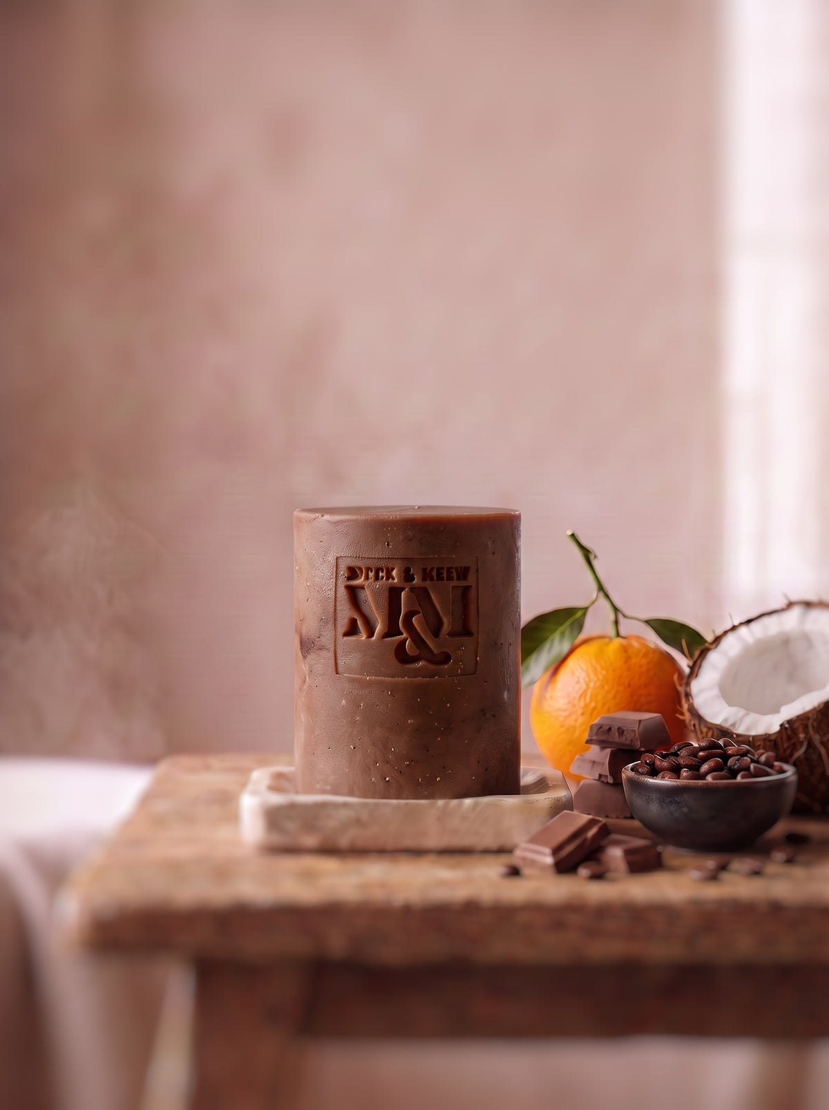 A cylindrical brown soap with an embossed logo reading 'MUCK AND MELT' sits on a rustic wooden table, styled with an orange, a halved coconut, chocolate pieces, and a small bowl of coffee beans against a soft beige background.