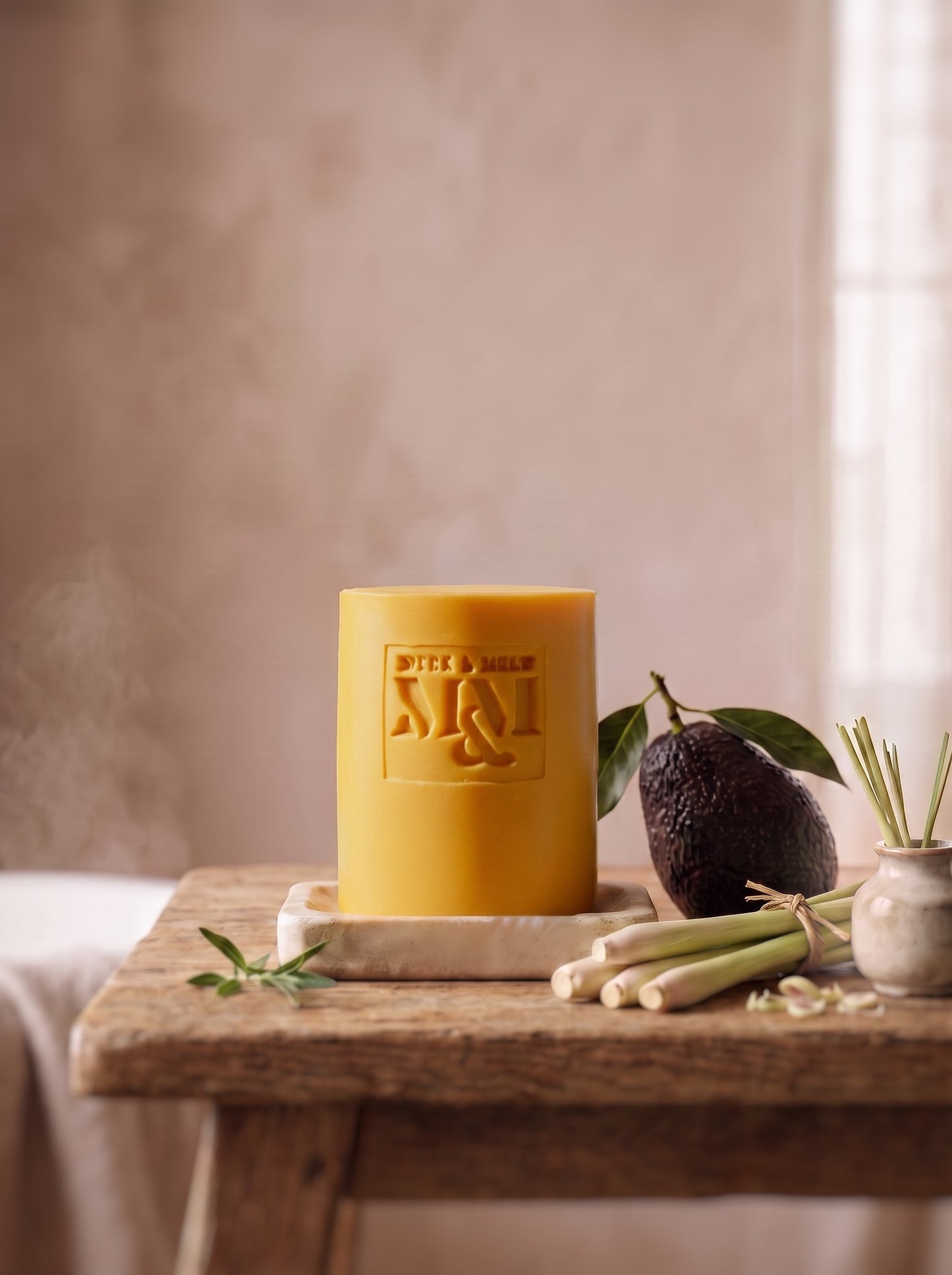 A yellow soap with an embossed logo sits on a rustic wooden table styled with an avocado, lemongrass, and a small vase in a warm, softly lit interior setting.