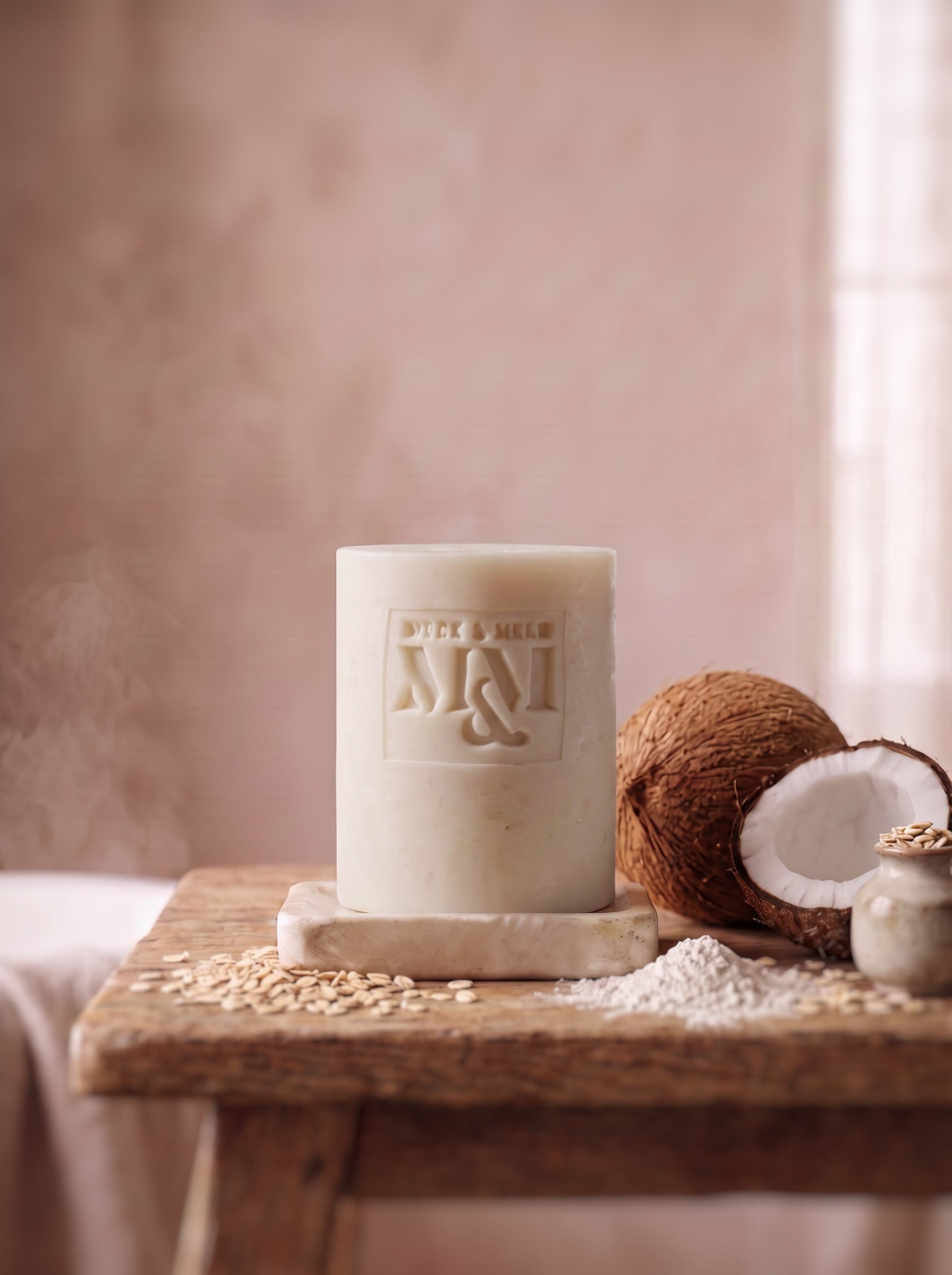 A white soap with a monogram logo embossed on the front, displayed on a rustic wooden table alongside a halved coconut, oat flakes, and a small jar against a soft, warm beige background.