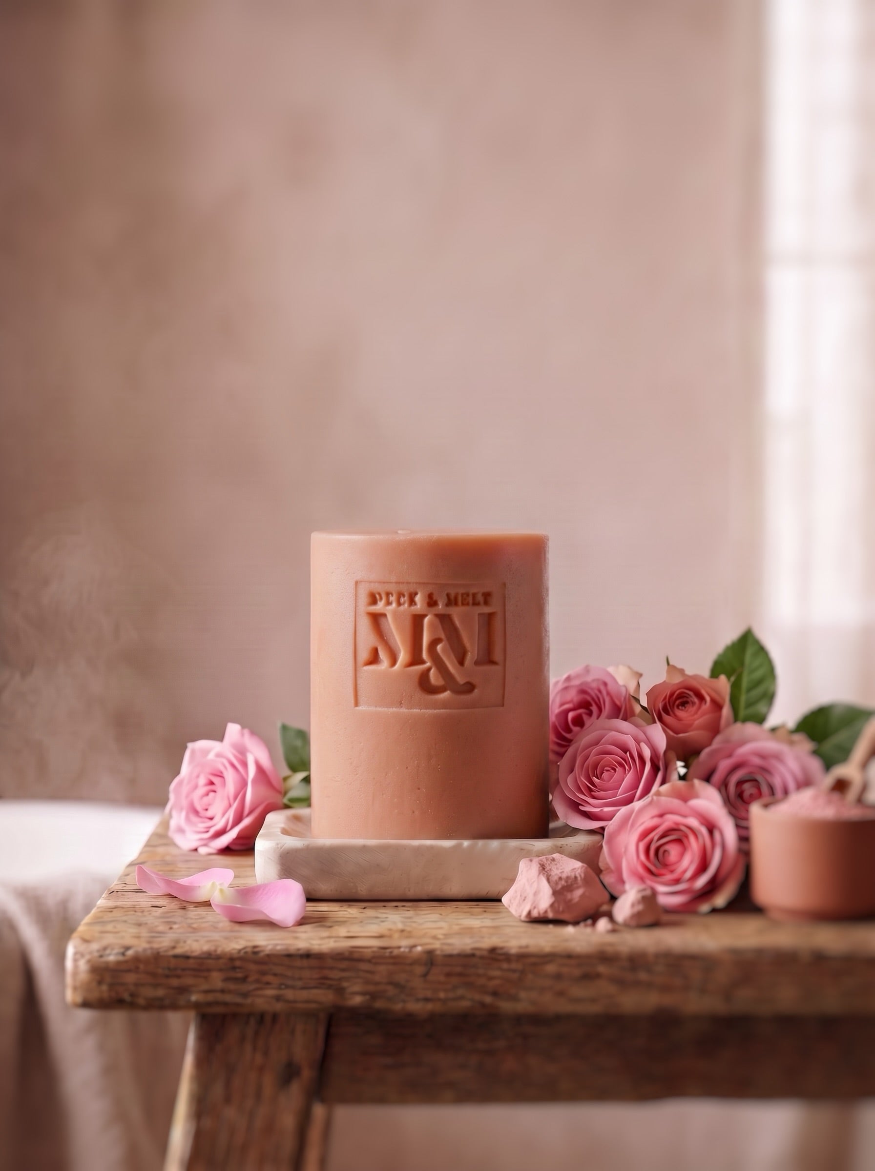 A pink soap by muck and melt on a rustic wooden table, surrounded by pink roses and petals in a softly lit, warm setting.