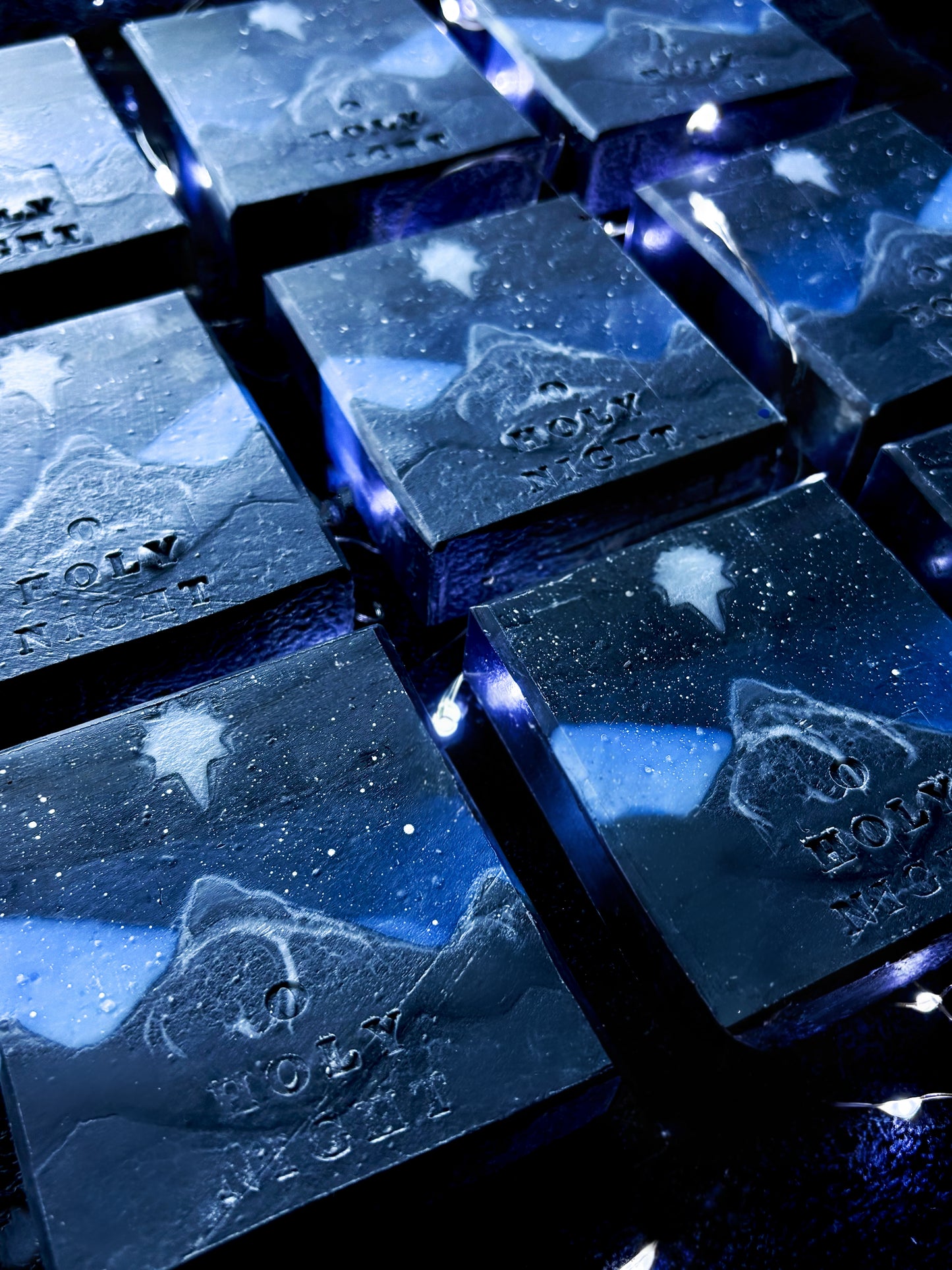 “Indigo and charcoal natural soap bar with star of Bethlehem”