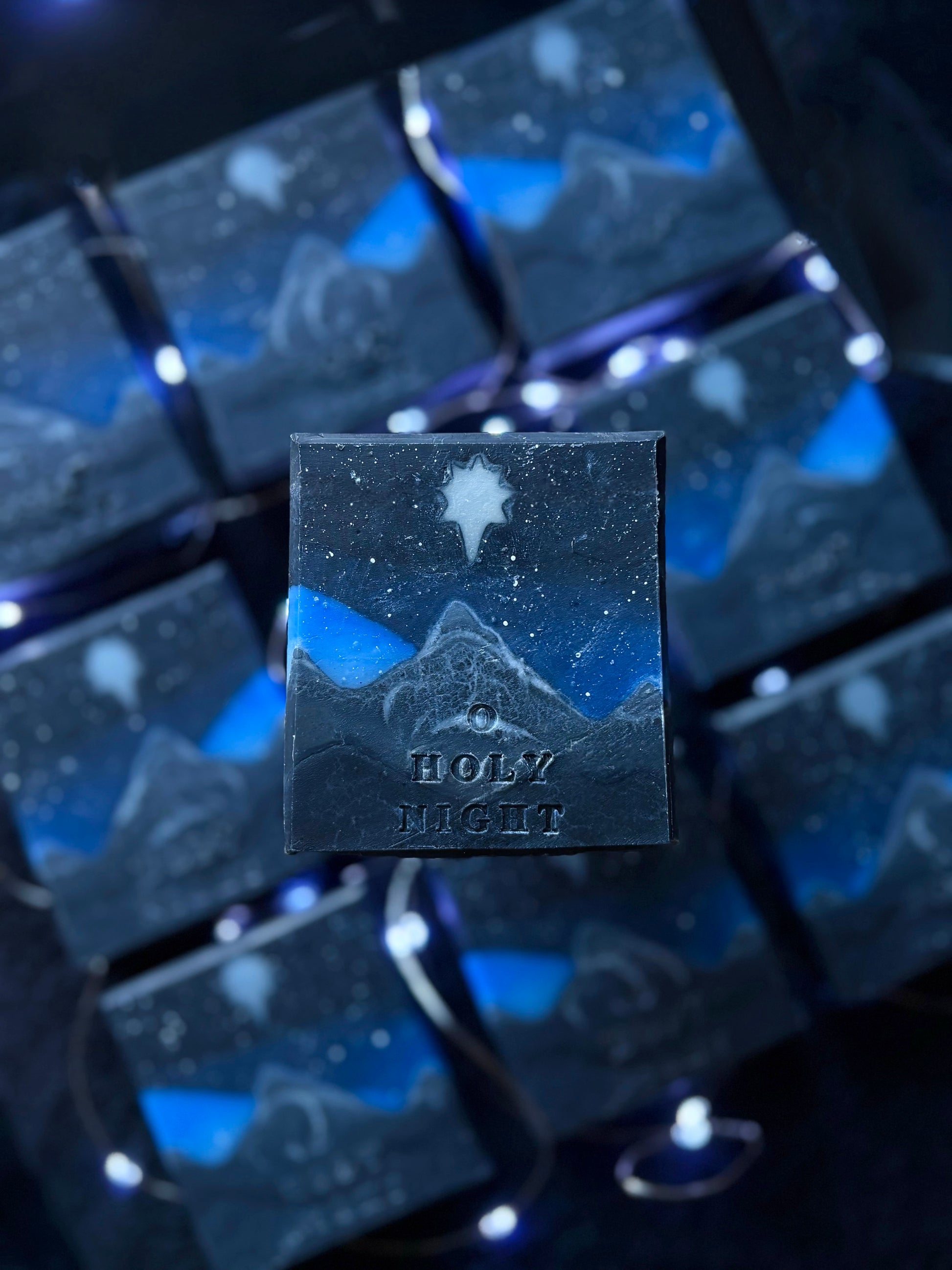 O Holy Night handmade Christmas soap with starry night sky design”