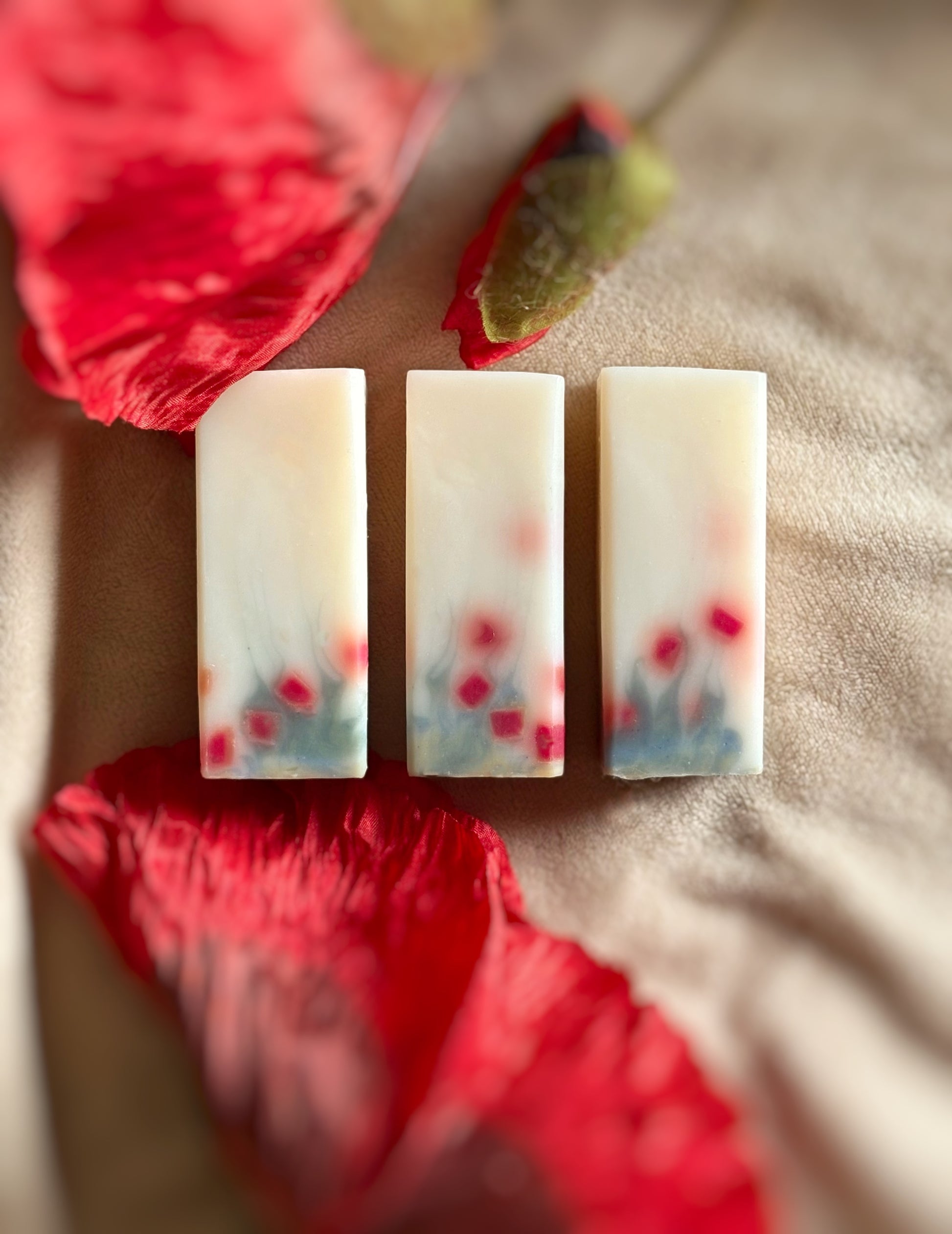 3 Mini Poppies handmade soap — flower-inspired luxury soap bar for travel or gifting.