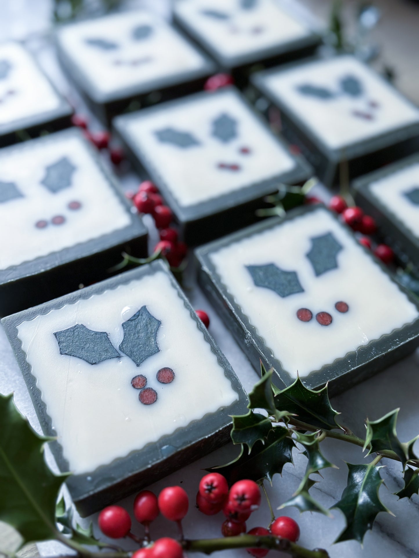 “Cold process holly soap UK with Christmas tree forest scent”