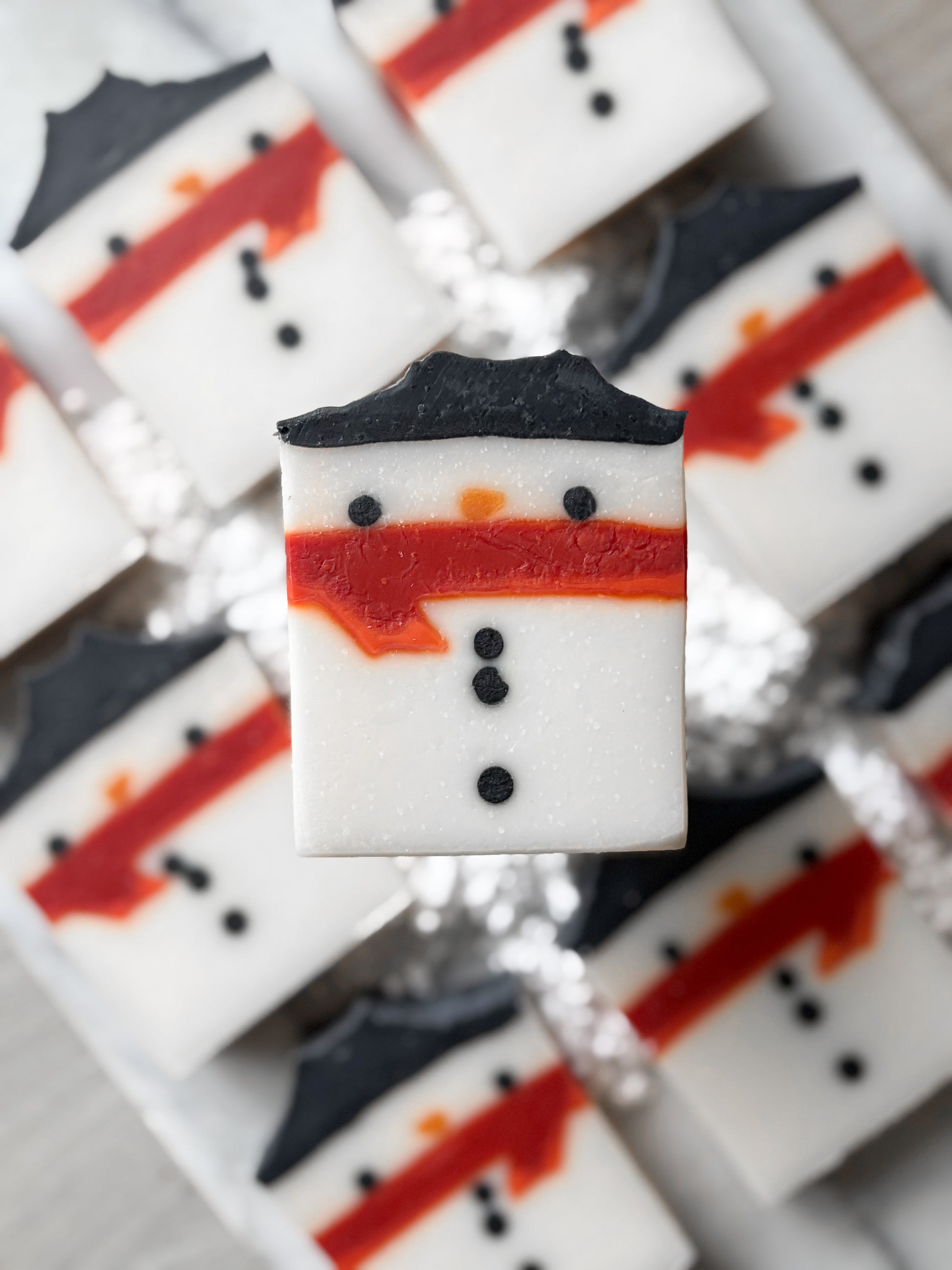 Handmade Snowman Christmas soap with red scarf design”