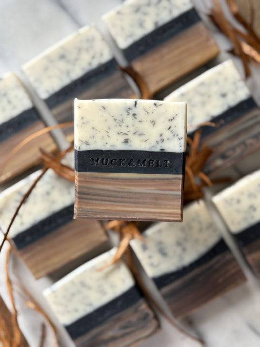  natural soap  with woodgrain and black ember design, handmade in the UK.