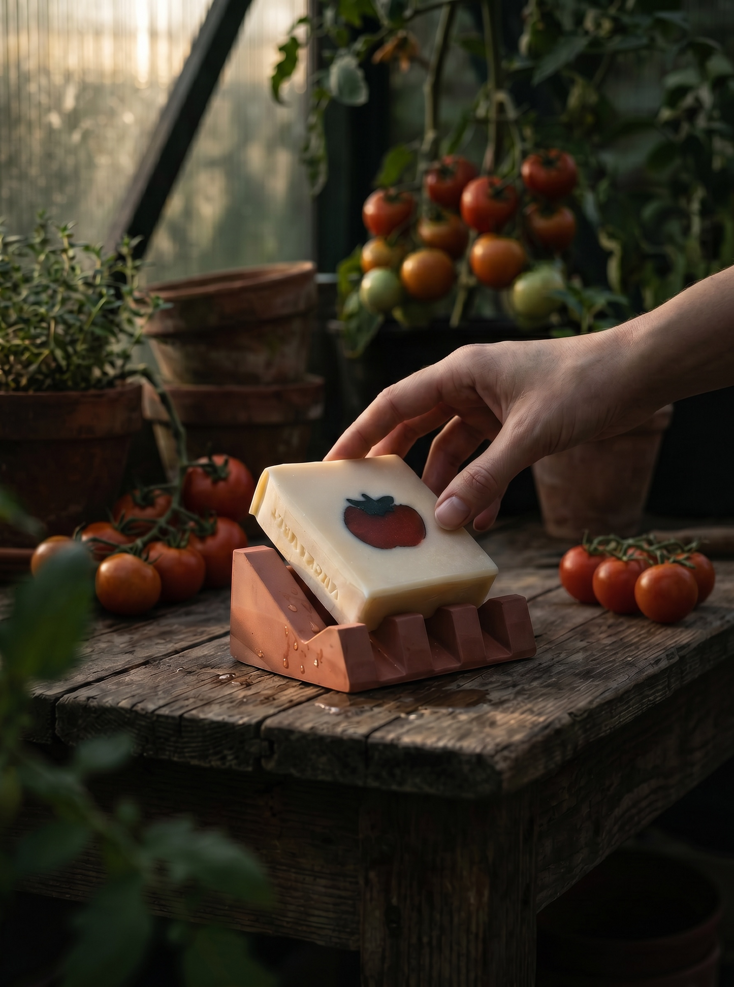 tomato soap in a greenhouse full of tomatoes