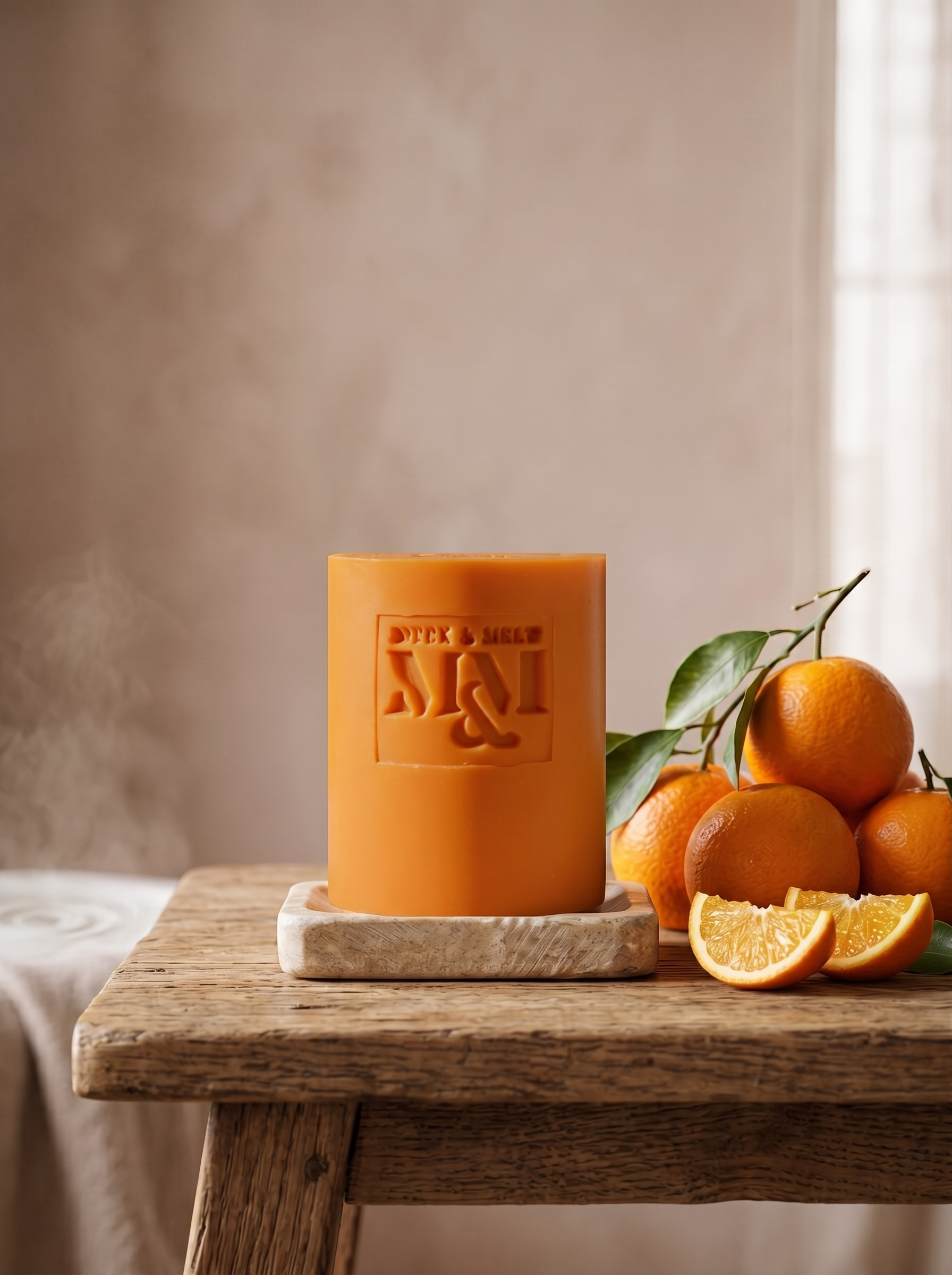 An orange soap by muck and melt sits on a rustic wooden table next to fresh oranges and orange slices, with a warm, softly lit background.