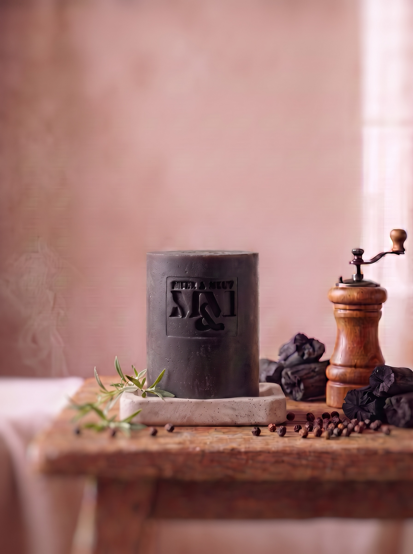 A dark charcoal-colored soap with the logo muck and melt on the front, styled on a rustic wooden table with a pepper mill, and black pepper against a soft pink background.