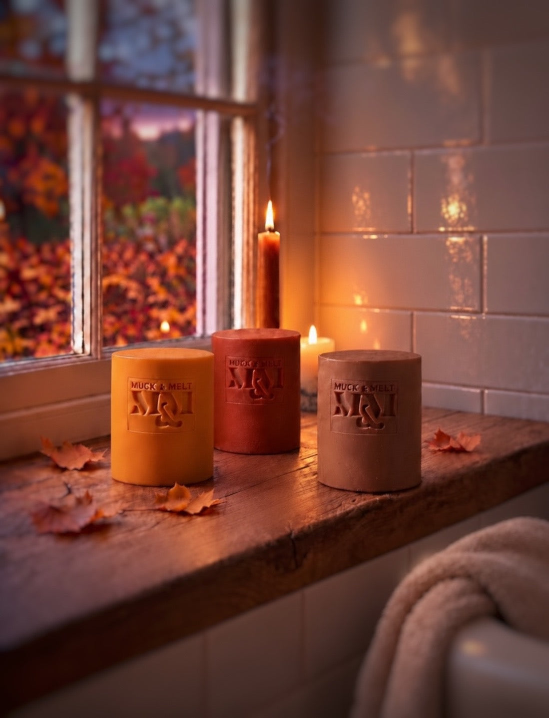 Three MUCK & MELT large cylinder soaps in orange, terracotta red, and brown are arranged on a rustic wooden windowsill at dusk with warm candlelight, a white tiled wall, and an autumn leaf view outside.